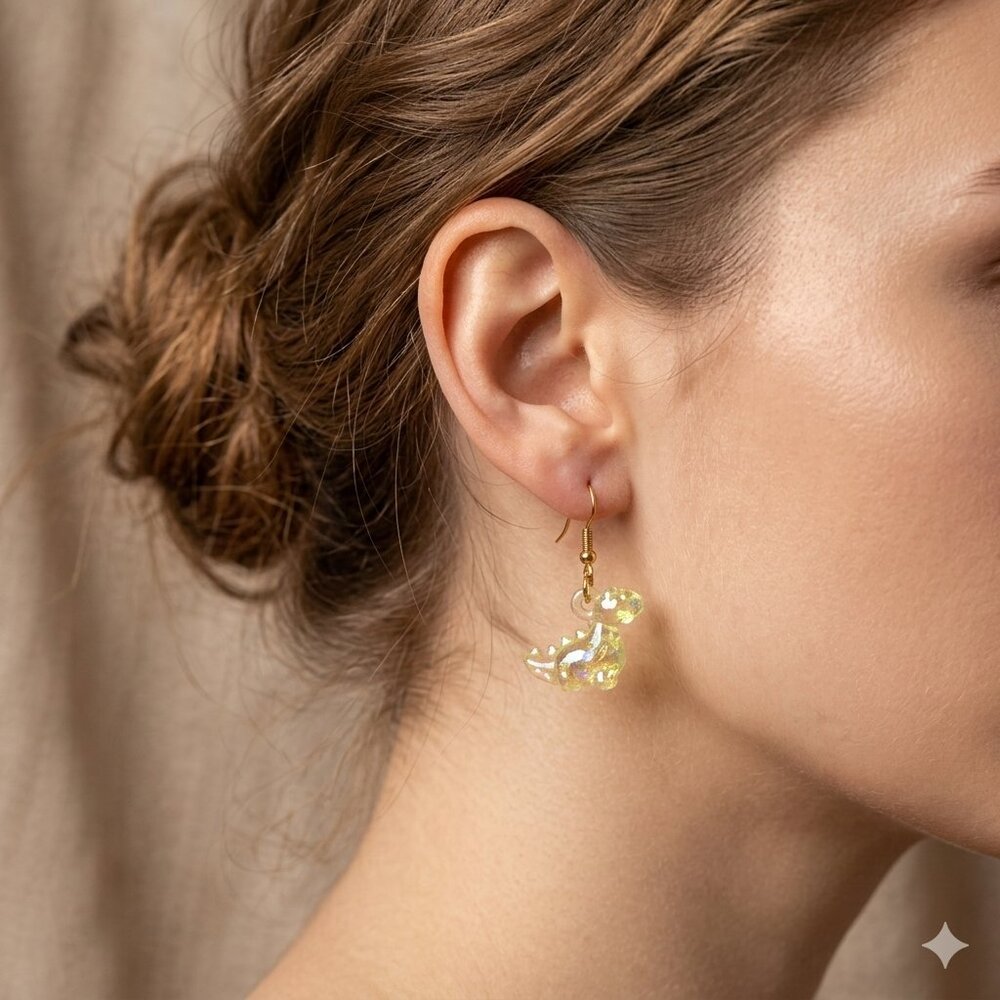 Iridescent Glitter Dinosaur Dangle Earrings - Gold Tone Hooks